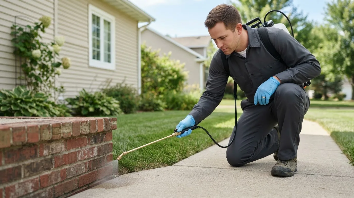 Pest control technician treating a home near Plentywood, MT